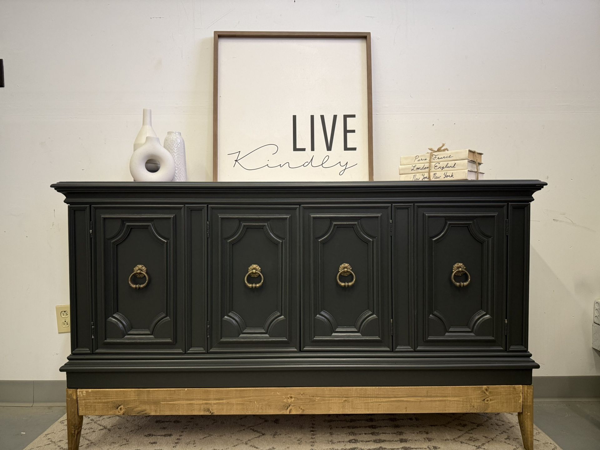 Deep Green Buffet with Custom Wood Base (Delivery Available)