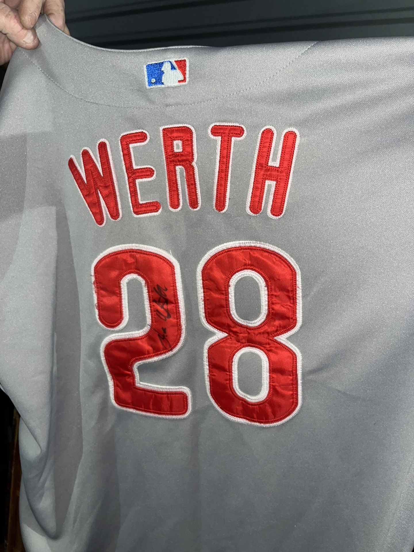 Vintage SIGNED Jayson Werth Philadelphia Phillies 2009 World Series Majestic 52 Jersey.