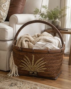 Vintage Woven Bamboo Cane Blanket Basket