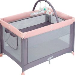 Pamo Babe Pack And Play With Bassinet, Pink Portable Playard For Baby