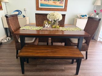 Dining Table Set with Bench and Wicker Chairs