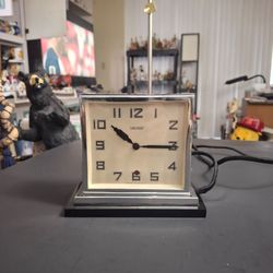 Rare Antique Non-working Art Deco Twinface Electric Clock, "Patent Pending" Stamp, Polished Chrome W/Black Bakelite Base