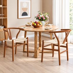 20”H Solid Wood Wishbone Dining Chairs with Handcrafted Woven Seat, Brown (Set of 2)