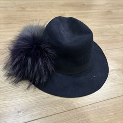 Black Wide-Brim Fedora with Luxe Pom Pom 