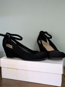 Me Too Black Suede Wedge Heels with Ankle Strap