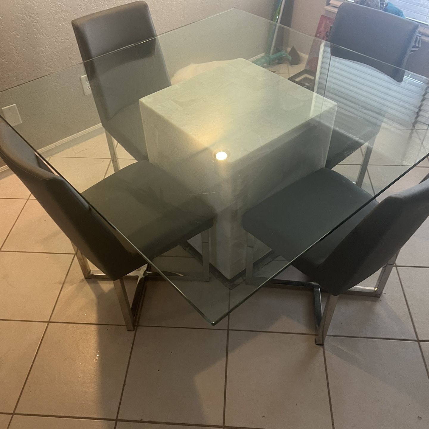 Bernhardt Glass Dining Table w/ Marble Base - Leather Chairs