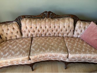 Victorian Style Carved Wood Tufted Sofa