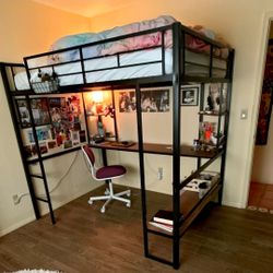 Full Blavk Metal Loft bed frame w/ built in desk & ladder, Matte Finish