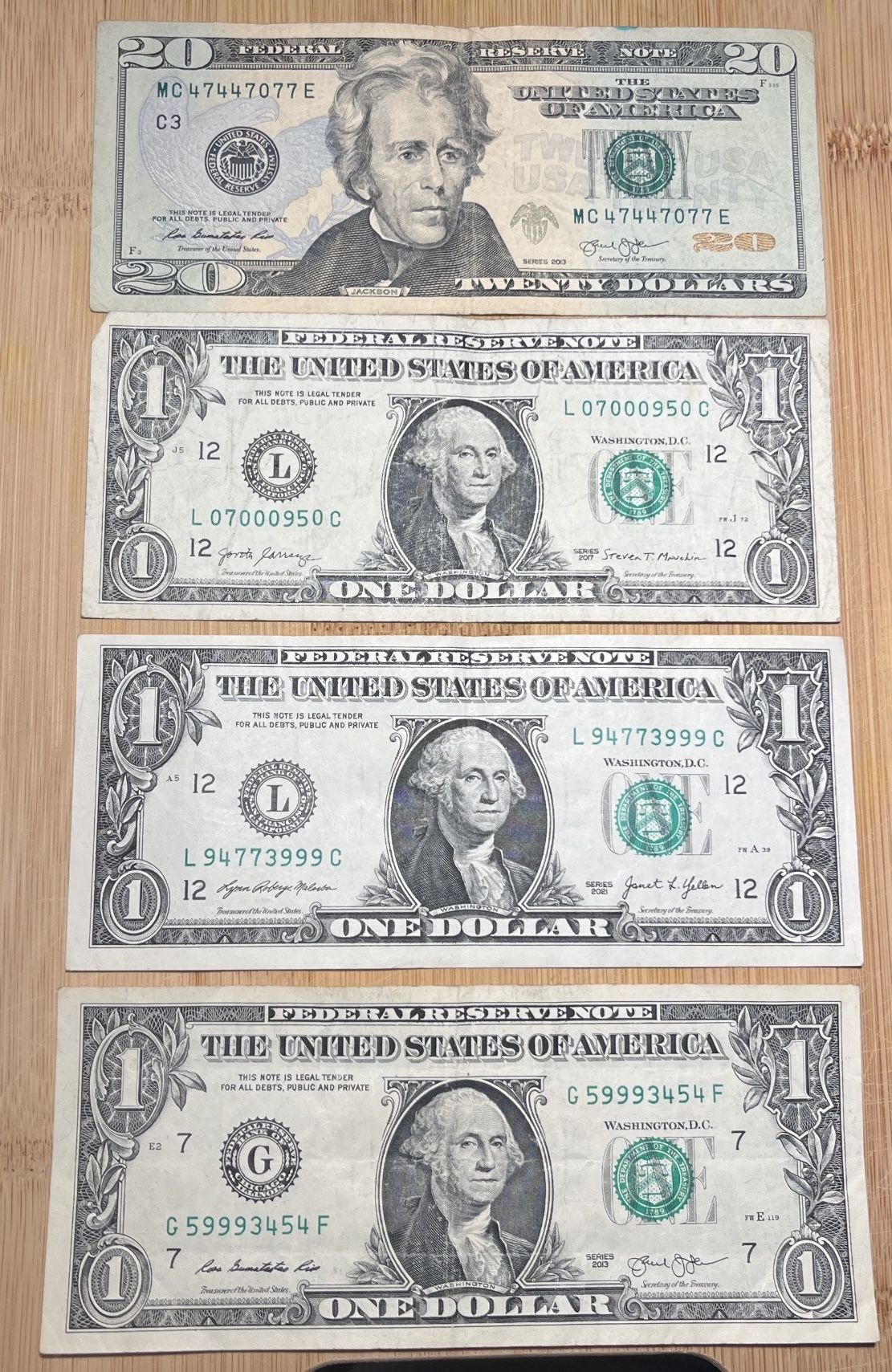 4 FANCY SEIAL NUMBER BILLS NOTES! 1-$20 3-$1 LOOK !