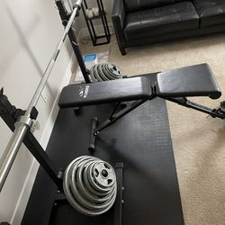 Full Barbell Bench/Squat Rack Set With Weights