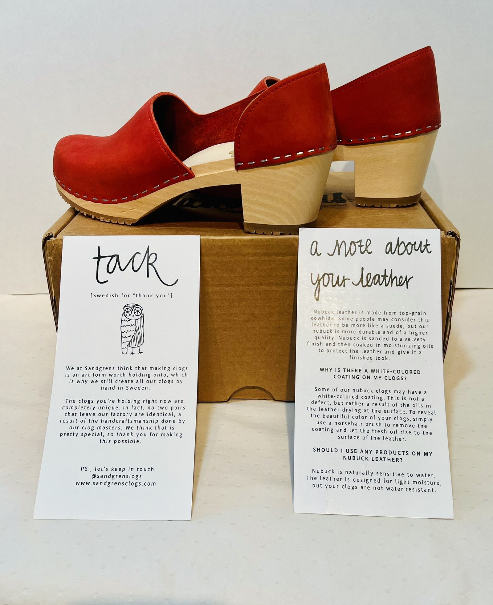 Sandgrens Swedish Red Nubuck Leather Clogs Heeled Wooden Base Women’s Size  [Insert Size] w/ Box