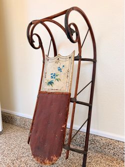 Vintage Antique Wood & Iron Child's Sled - Hand Painted Floral Sleigh Decor