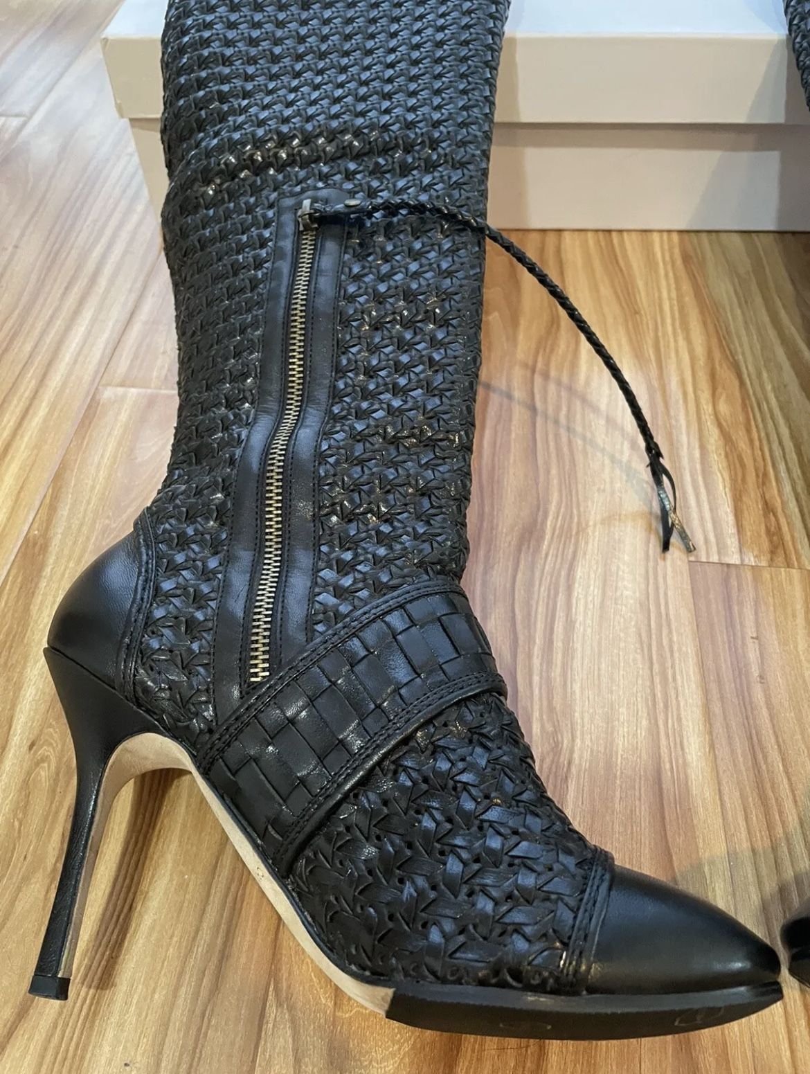 Black Leather Weave Camilla Skovgaard Knee High Boots Size US