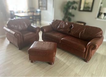 Brown Leather Sofa, Chair, and Ottoman Set