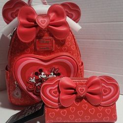 Loungefly Disney Minnie And Mickey Mouse Hearts Ears Backpack And Wallet Included Exclusive New With Tags 