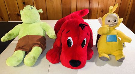 3 Plush Classic Stuffed Toys: LALA (Teletubby), CLIFFORD Big Red Dog, SHREK (BuildaBear) - CLEAN, SMOKE-FREE Home