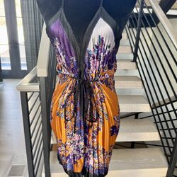✨ New Multicolor Silk Pleated Dress 💜🧡 Halter Mini Summer Vacation Backless Size XS 
