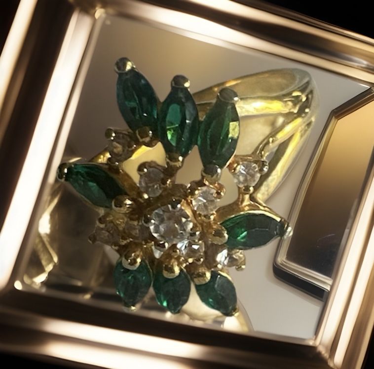 Vintage 18 Kt GE Emerald And Crystal Cluster 1970’s Ring Size 9
