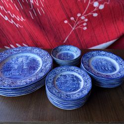 Liberty Blue Staffordshire Ironstone Dish Set Plates Bowls Independence Hall