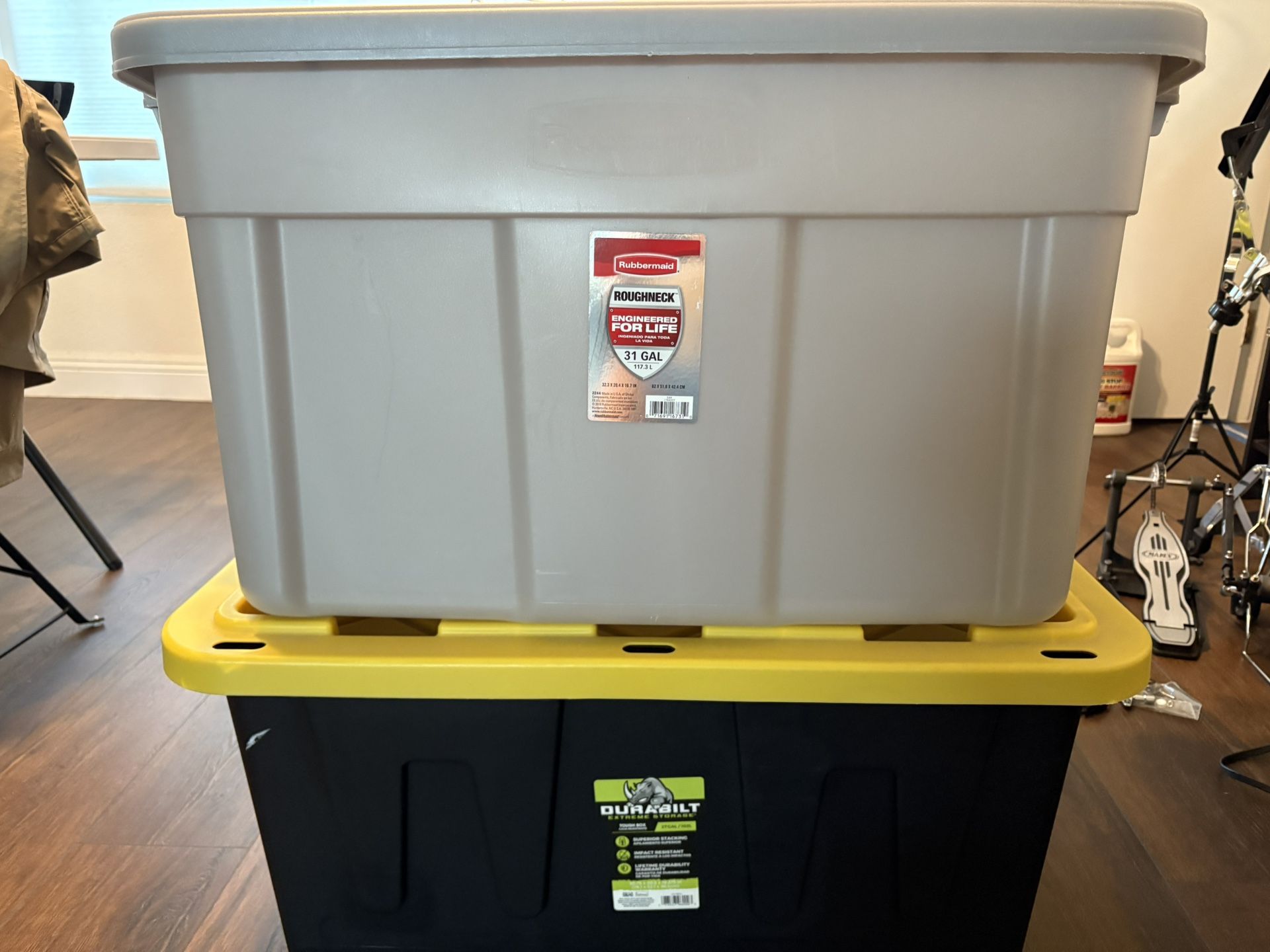 Both Durabilt 27 Gal. Black/Yellow Tote + Rubbermaid 31gal Roughneck Storage Tote Gray: Polyethylene, Handles, Nesting, Lidded, Stackable, Utility Sto