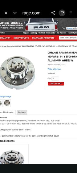 Mopar Dodge 2011 through 2018 ram dually center cap