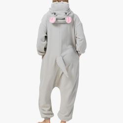 BRAND-NEW Gray/Pink Hippo Adult Onesie Costume/PJs w/Zipper, Pockets, 3D Hoodie/Tail (L)