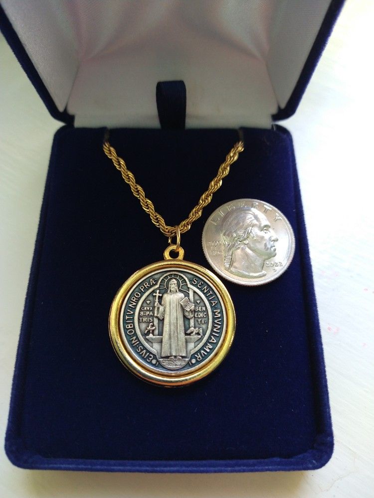 Large Two-toned St Benedict Medal And Chain Necklace