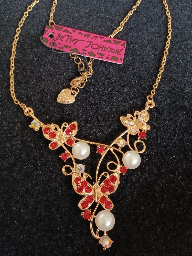 Betsey Johnson Gold Swarovski Crystal Butterflies & Pearls Necklace