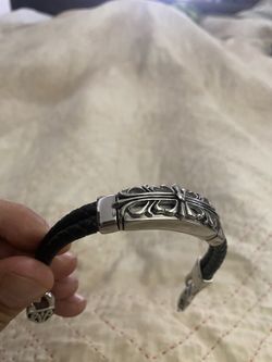 Brand New Stainless Steel Fleur de Lis CHROME bracelet made in Ancient Silver tone ID PLAQUE (Never Fades)