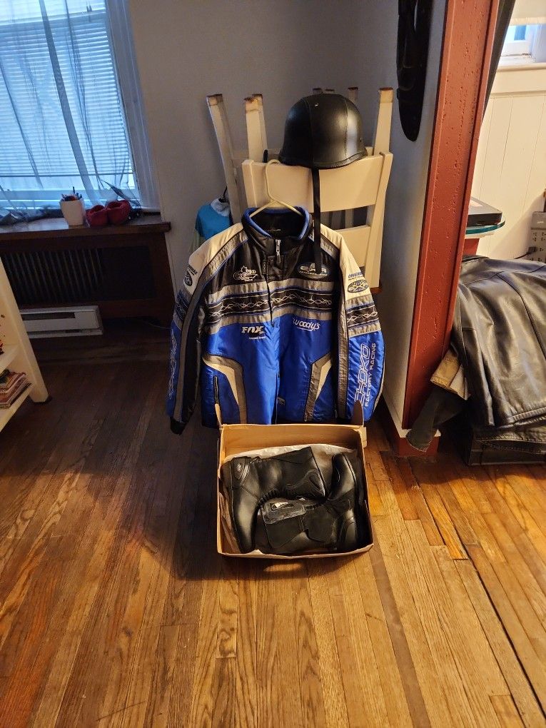 Boots, Jacket, Helmet Boots Size 10 Jacket Large Helmet Large