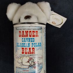 Vintage Russ Canned Alaskan Polar Bear plush toy, Caress Soft Pets, 1988