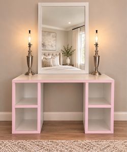 White Pink Vanity Desk with Mirror