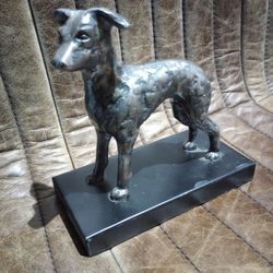 Hunting Dog Metal Sculpture On Stand.