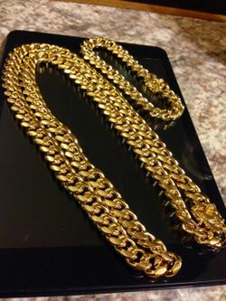 14K Gold Plated Miami Cuban Link Chain & Bracelet Set