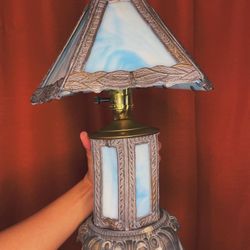 Antique Vintage Stained Glass Marbled Lamp, Light Up Base