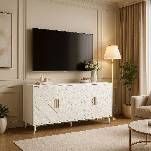 Tv Stand  With Storage Cabinet with 4 Doors & Adjustable Shelves, Modern Accent Cabinet for Living Room, Hallway,Kitchen,White