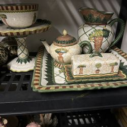 Beautiful Vintage Palm Tree Hand Painted Ceramic Lot By Watery Topiary