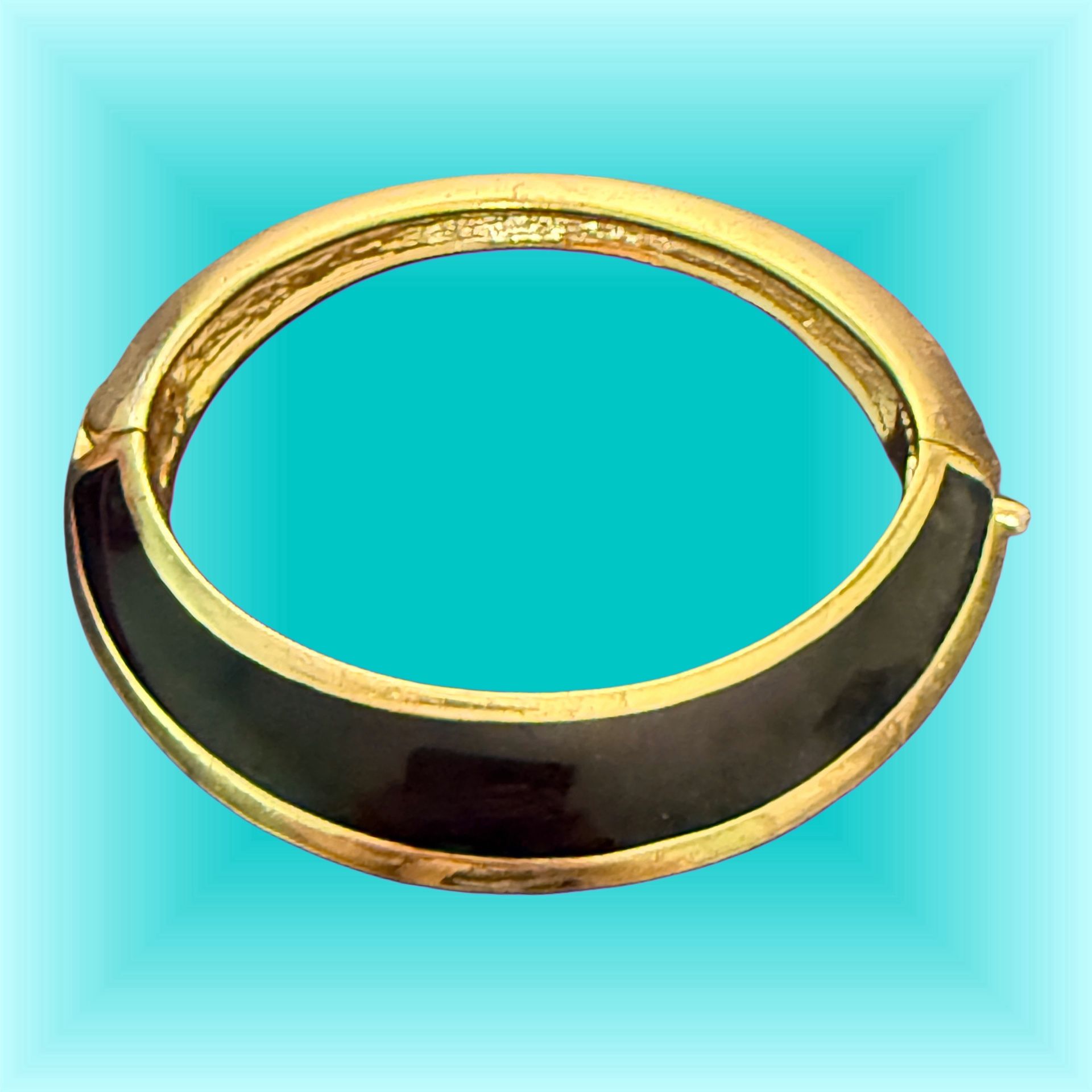 Lanvin Paris 1970s Modernist Black Gold Hinged Bangle Bracelet, 3x2”