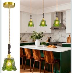 3 Pack Vintage Style Green Floral Glass Pendant Lights Brass Finish E26 Adjustable