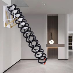 12 Steps Wall-Mounted Attic Ladder, Attic Pull Down System, Retractable Ladder for Loft, Metal Folding Attic Ladder Telescoping Steps, Pull Down Stair