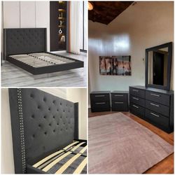 New Black Set Bedroom: Queen Size Bed Frame Mirror Dresser And 2 Nightstands 💥 