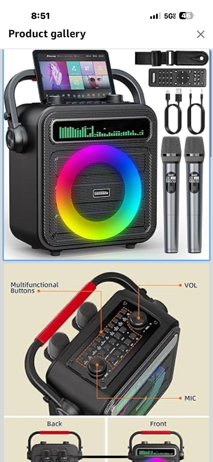 Karaoke Machine 2 Wireless Microphones, Portable Bluetooth Speaker w/PA System for Adults & Kids with LED Lights, Bass/Treble Adjustment, Supports REC