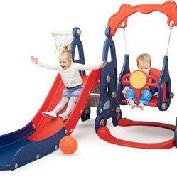 Slide Climber Red & Blue Swing Set, 4 in 1 Freestanding Toddler Slide Climber Playset with Basketball Hoop, Toddler Playground Indoor Outdoor, NEW 