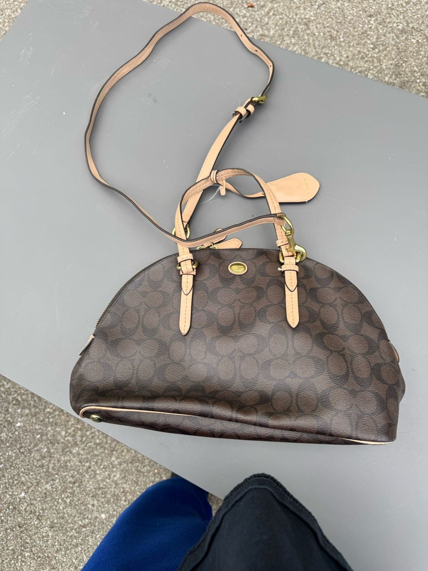 Coach Signature Petyon Cora Brown Coated Canvas Domed Satchel Bag w/Strap