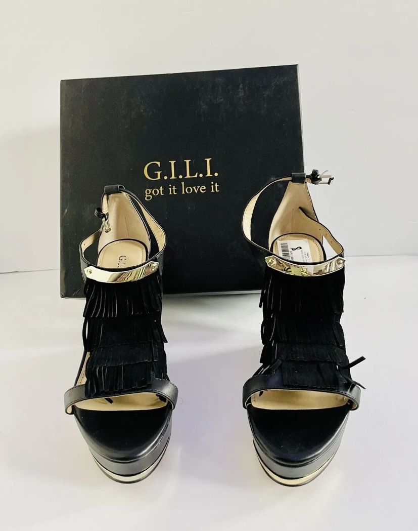 G.I.L.I. GILI Avin Leather Fringe Detail Wedge Sandals Womens 8 M Black ~
