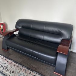 Modern Black Leather 3 Piece Sofa Set with Wood Accents