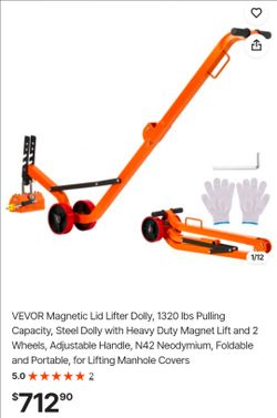 VEVOR Magnetic Lid Lifter Dolly, 1320 lbs Pulling Capacity, Steel Dolly with Heavy Duty Magnet Lift and 2 Wheels, Adjustable Handle, N42 Neodymium, Fo