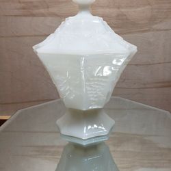 White Milk Glass Lidded Octagonal Shaped Footed Candy Dish 
