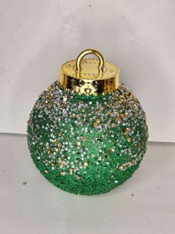 Jumbo Green Glitter Christmas Ornament Bulb Gold Sequins Mantel Porch Decor