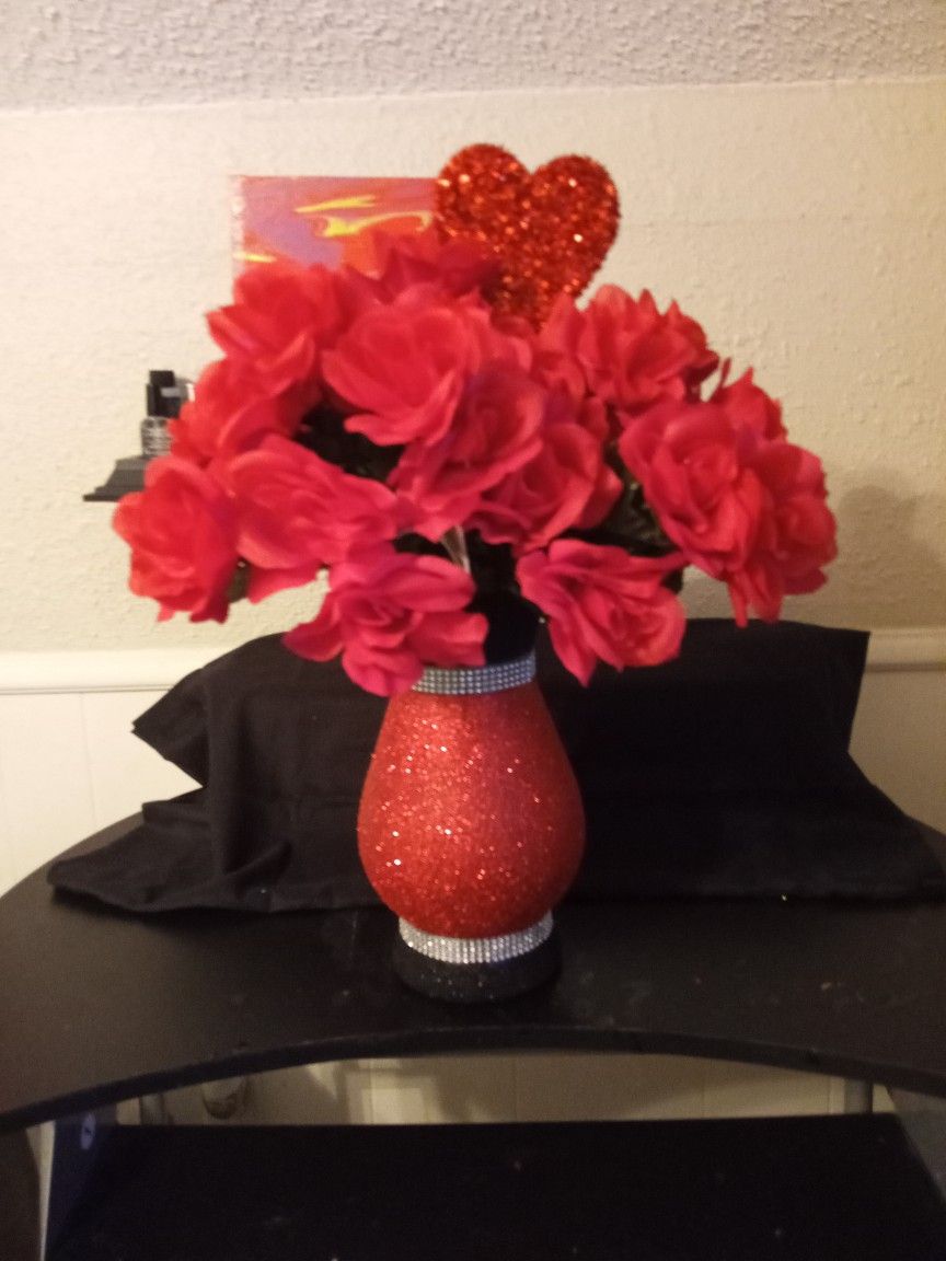 Red&Black Vase With Artificial Roses 